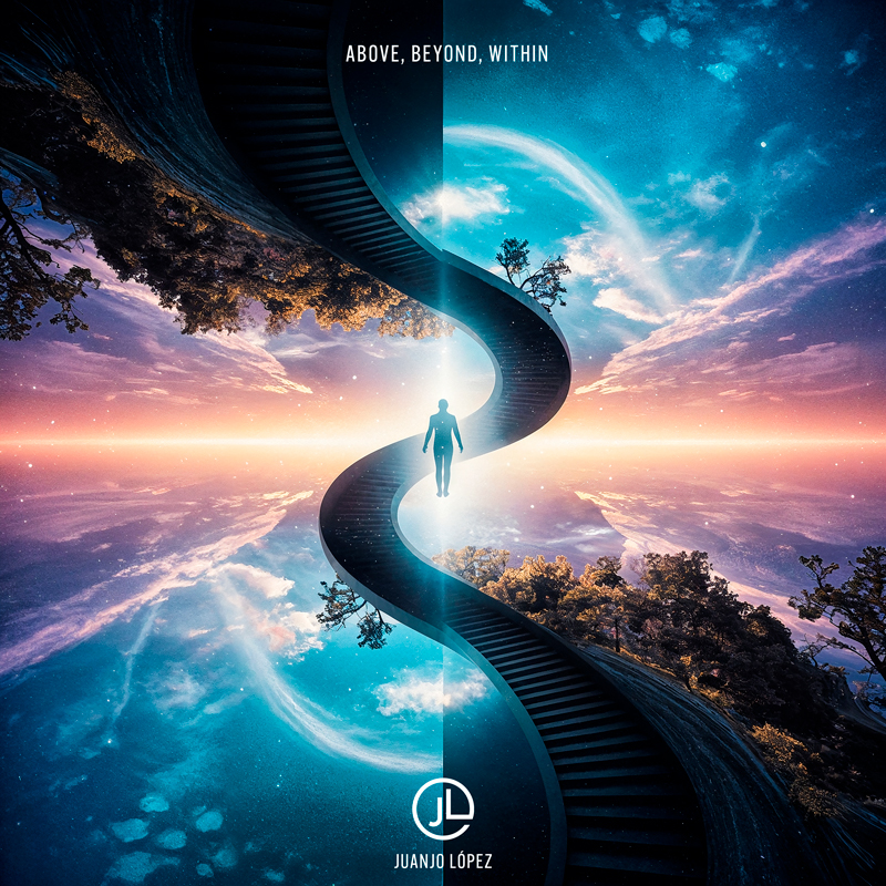 The album cover shows a scene with a winding staircase splitting the image in half. A silhouetted figure ascends toward a radiant light at the horizon, framed by cosmic skies on one side and trees on the other. The title Above, Beyond, Within floats at the top, while the artist’s name, Juanjo López, and logo sit at the bottom.