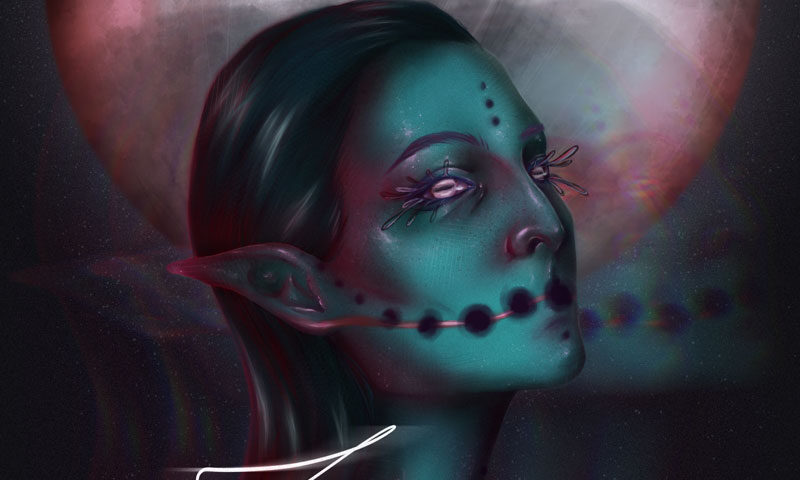 The album cover for Juho & The Jellyfish From Jupiter – Luna features a portrait of a teal-skinned, alien-like woman with glowing white eyes and elongated lashes resembling tentacles. A sequence of dark orbs traces a line across her face and neck. Behind her, a large planet or moon looms in soft pink and gray hues. The band's name appears at the top in a minimalist font, while the album title Luna is handwritten in glowing script at the bottom.