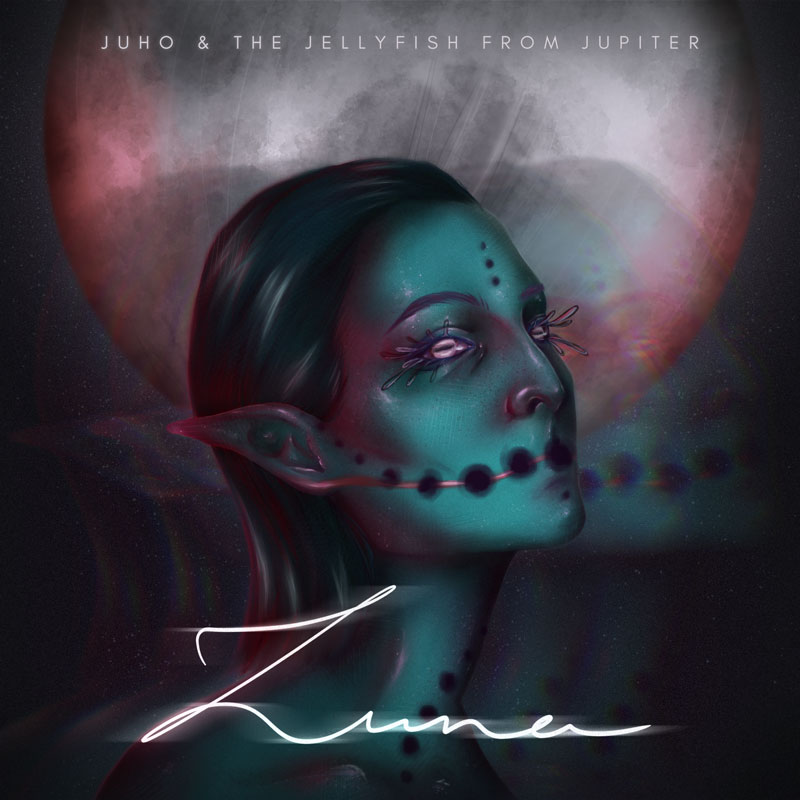 The album cover for Juho & The Jellyfish From Jupiter – Luna features a portrait of a teal-skinned, alien-like woman with glowing white eyes and elongated lashes resembling tentacles. A sequence of dark orbs traces a line across her face and neck. Behind her, a large planet or moon looms in soft pink and gray hues. The band's name appears at the top in a minimalist font, while the album title Luna is handwritten in glowing script at the bottom.