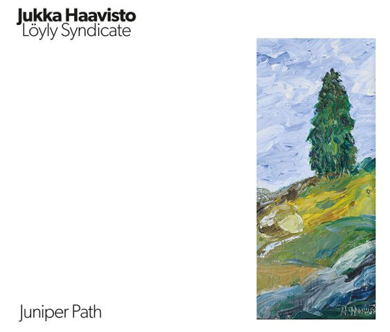 Jukka Haavisto - Juniper Path cover artwork. A white cover with a vertical landscape painting on the right hand side.