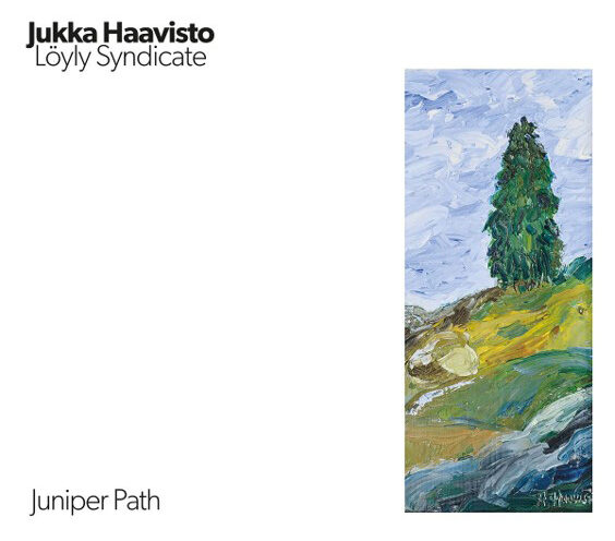 Jukka Haavisto - Juniper Path cover artwork. A white cover with a vertical landscape painting on the right hand side.