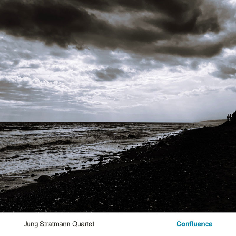 Jung Stratmann Quartet - Confluence. A monochrome shoreline stretches beneath heavy clouds, with dark pebbles and water meeting at a low horizon.