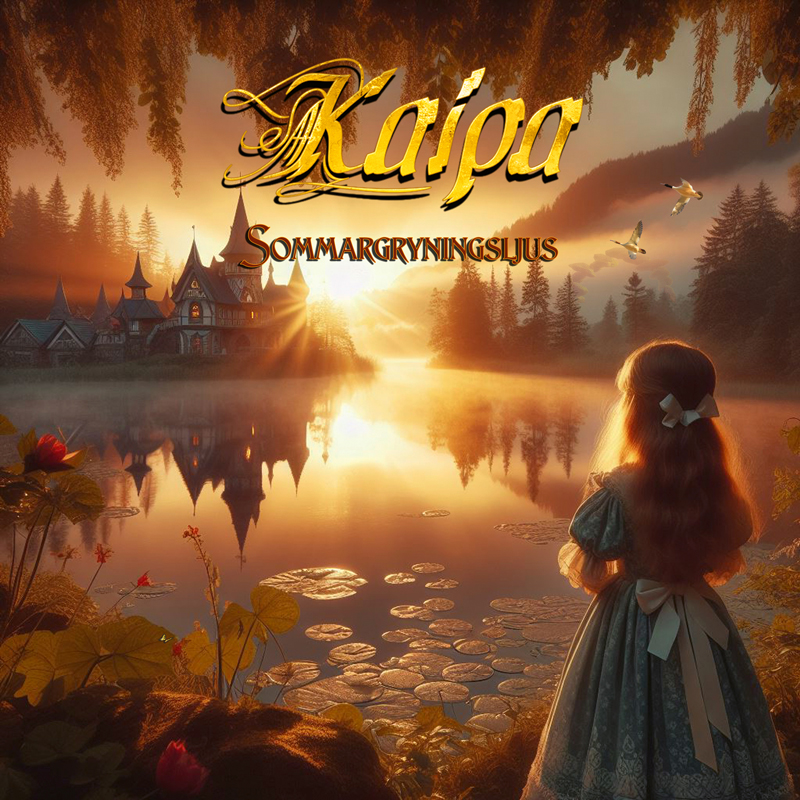 Kaipa - Sommargryningsljus covber artwork. A fantasy design of a little girl looking at a lake landscape.