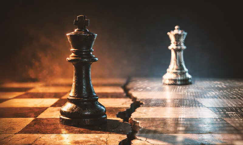 Karmamoi – Eternal Mistake cover artwork. A chess board with a crack in the middle with a chess piece on each side.