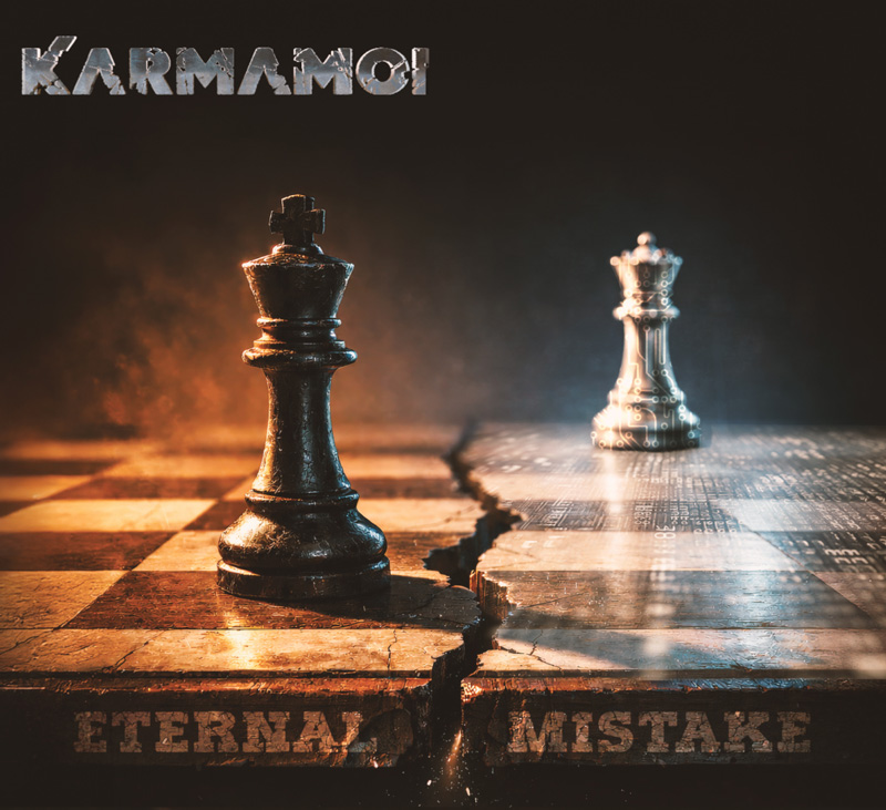 Karmamoi – Eternal Mistake cover artwork. A chess board with a crack in the middle with a chess piece on each side.