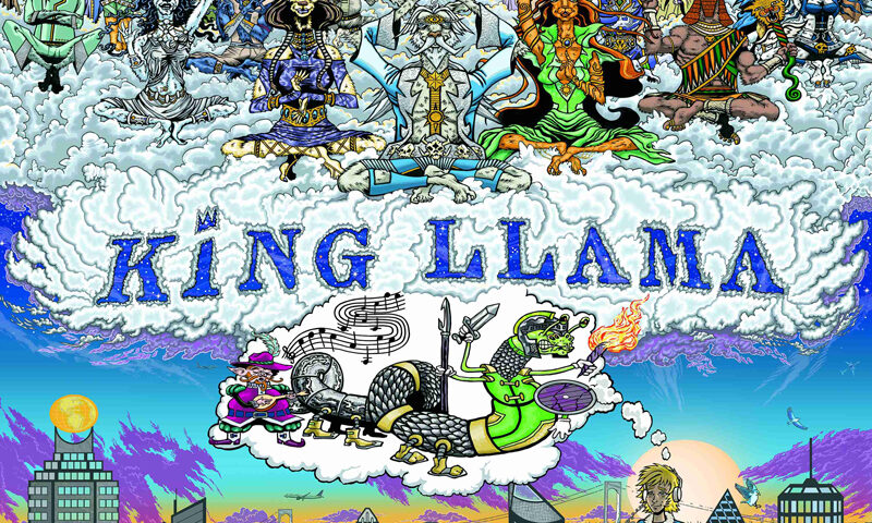 King Llama - Fata Implexis cover artwork. It is a fantasy comic book style ilustration of a young white man sitting on a bench with a city skyline behind. He is dreaming of various things like a dragon, deities playing instruments and meditating and mich more.