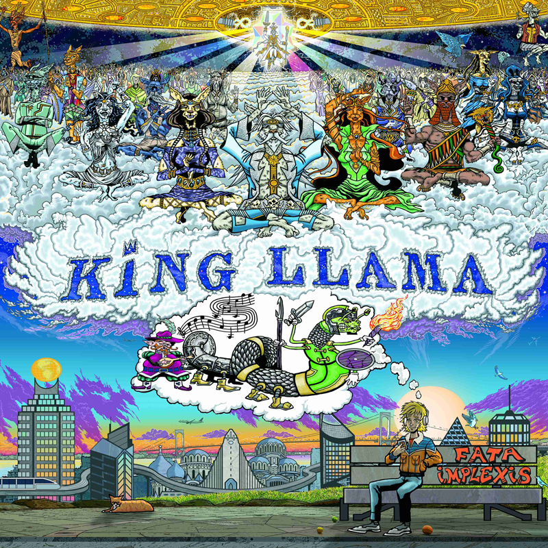 King Llama - Fata Implexis cover artwork. It is a fantasy comic book style ilustration of a young white man sitting on a bench with a city skyline behind. He is dreaming of various things like a dragon, deities playing instruments and meditating and mich more.