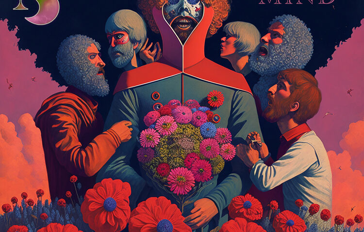 K'mono - Mind out of Mind cover artwork. Psychedelic colorful cover with ilulstrations of the kind and bearded men plus red flowers.