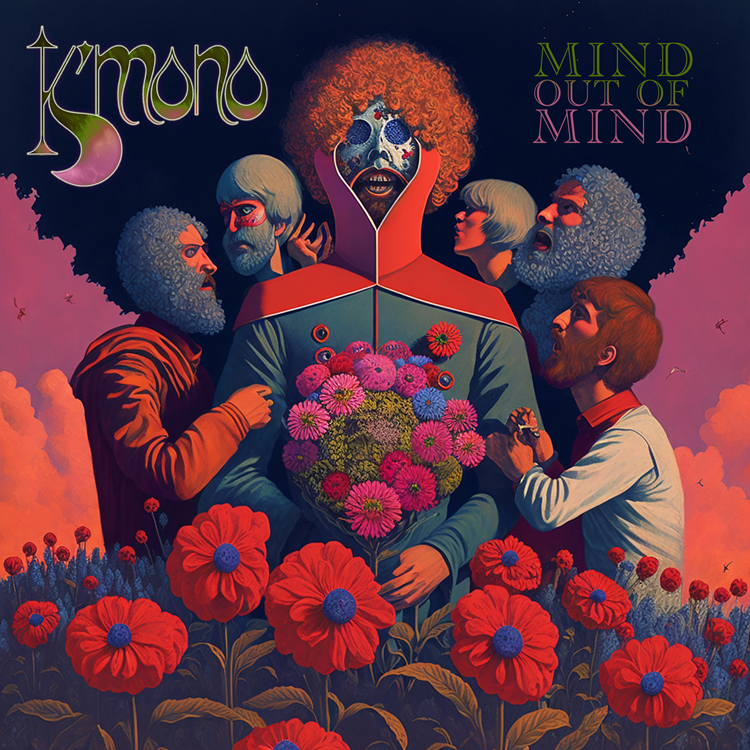 K'mono - Mind out of Mind cover artwork. Psychedelic colorful cover with ilulstrations of the kind and bearded men plus red flowers.