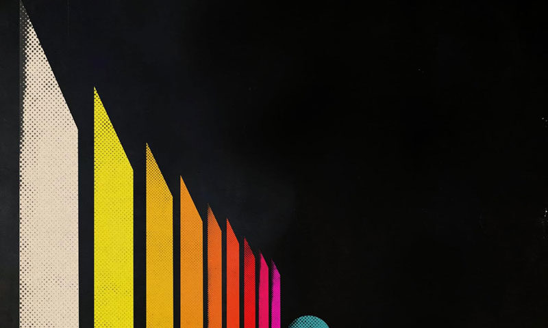 The album cover for Reach by Kneebody features a black background, a series of elongated, gradient-colored geometric shapes—ranging from white to yellow to red and magenta. They recede into the distance, converging toward a small cyan sphere. The band name and album title appear in lowercase in the top left and right corners, respectively.