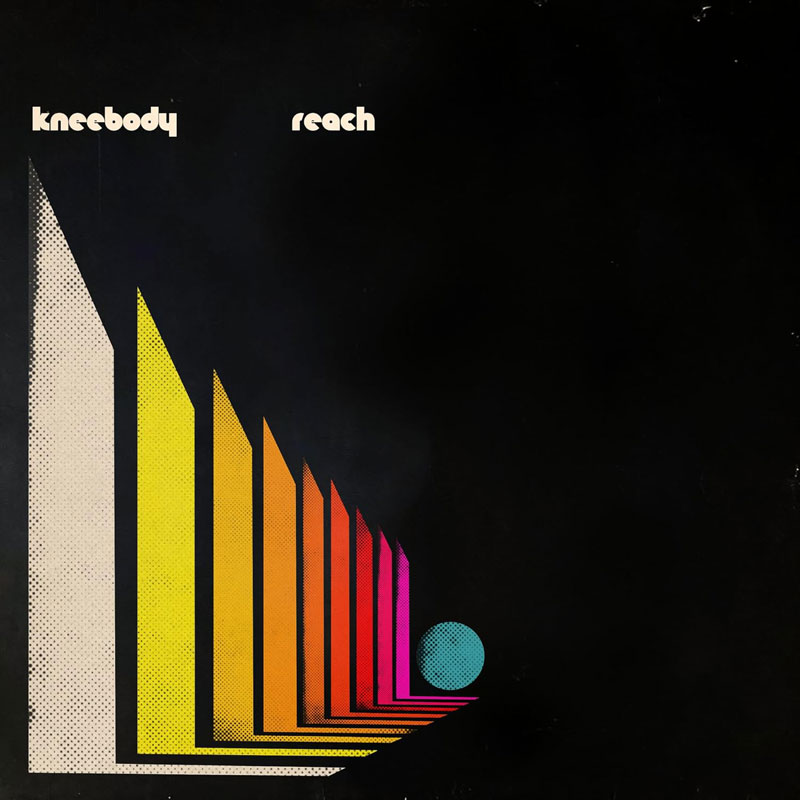 The album cover for Reach by Kneebody features a black background, a series of elongated, gradient-colored geometric shapes—ranging from white to yellow to red and magenta. They recede into the distance, converging toward a small cyan sphere. The band name and album title appear in lowercase in the top left and right corners, respectively.