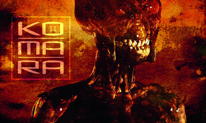 The album cover for Komara – Komara II features a disturbing, humanoid figure rendered in a visceral, sinewy style, with exaggerated teeth and a partially melted or deformed head. The background is a textured, fiery orange and red. The band’s name “Komara” appears in a stylized, stacked font to the left, with “II” subtly framed in a box between the letters.