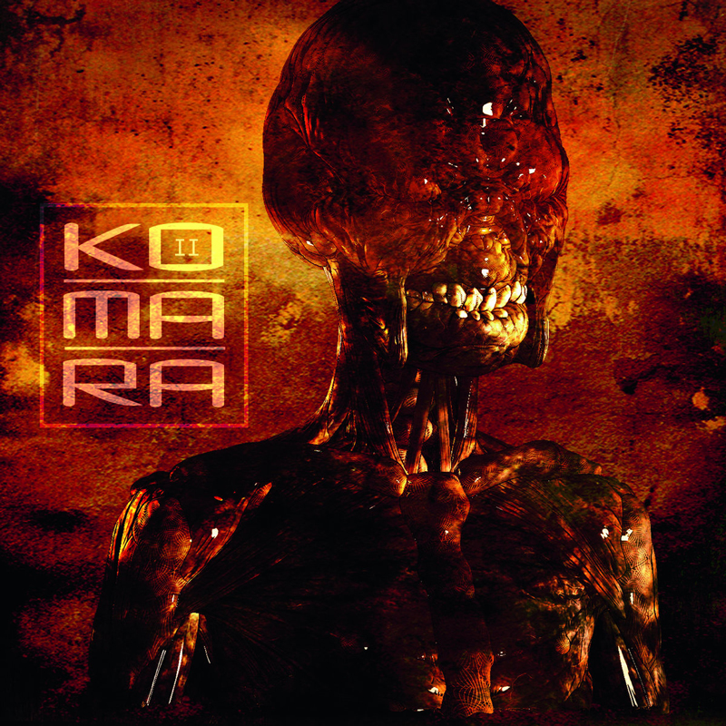The album cover for Komara – Komara II features a disturbing, humanoid figure rendered in a visceral, sinewy style, with exaggerated teeth and a partially melted or deformed head. The background is a textured, fiery orange and red. The band’s name “Komara” appears in a stylized, stacked font to the left, with “II” subtly framed in a box between the letters.