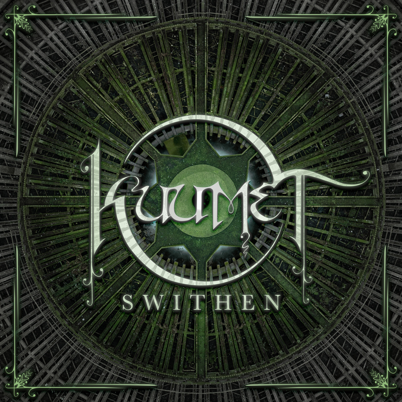 The cover for Swithen by Kuumet features a circular mechanical design rendered in deep green and charcoal tones, with intricate radial lines converging toward a glowing center. Gothic-style lettering displays the band name across the middle, while the album title sits below in serif type. Filigree corners frame the design.