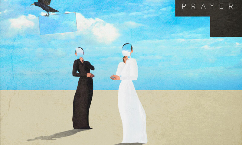The album cover for LRK Trio – Prayer features two faceless figures, one dressed in black and the other in white, standing on a barren, sandy landscape beneath a bright blue sky with scattered clouds. Both figures hold mirrors where their faces should be, reflecting the sky. Above them, a black bird carries a transparent rectangle. The album title appears boldly in the top right.