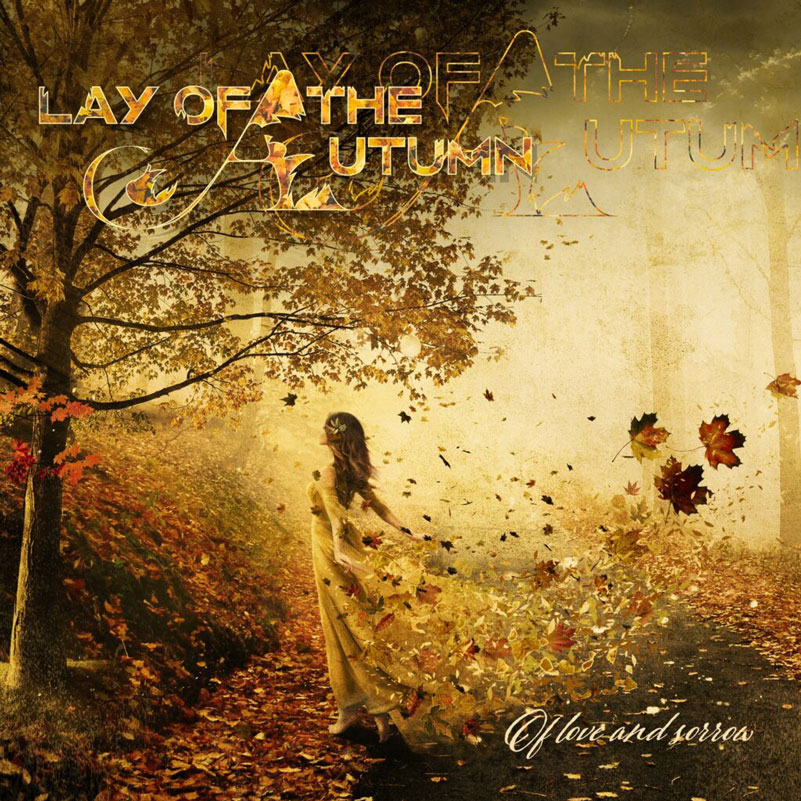 This Lay of the Autumn album cover features a warm, autumnal theme with rich golden and earthy tones. A woman in a flowing yellow dress walks through a forest path, her dress transforming into swirling leaves.