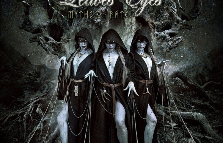 Leaves’ Eyes - "Myths Of Fate" cover artwork. Three seductive dark sorceresses in black hooded robes.
