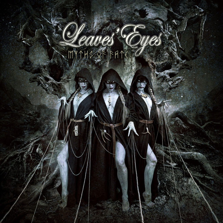Leaves’ Eyes - "Myths Of Fate" cover artwork. Three seductive dark sorceresses in black hooded robes.