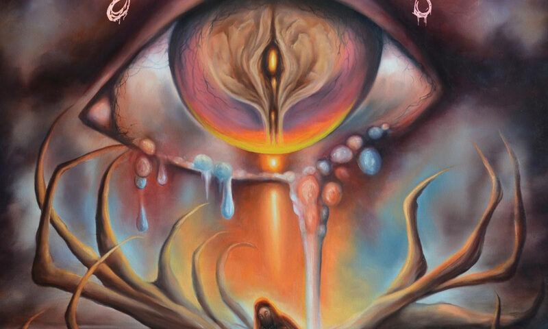 Leila Abdul-Rauf - Andros Insidium cover artwork. The cover centers on a giant eye with a glowing, flame-like pupil that resembles a vertical figure or portal. Pale tears and bead-like droplets spill downward into a molten stream, while root- or antler-like forms spread across the lower half, framing a small cloaked figure beneath the eye.