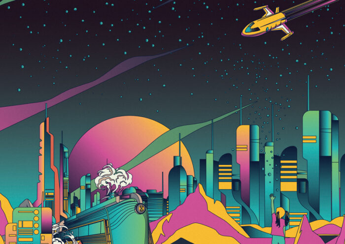 The cover for "Star Children" by Lettuce features a retro-futuristic design with a cosmic theme. It depicts a colorful, sci-fi cityscape under a starry night sky. A train emitting steam moves toward the foreground, while a lone figure waves to a spaceship soaring into the galaxy. The artwork is rich in neon hues, blending shades of purple, teal, orange, and pink.