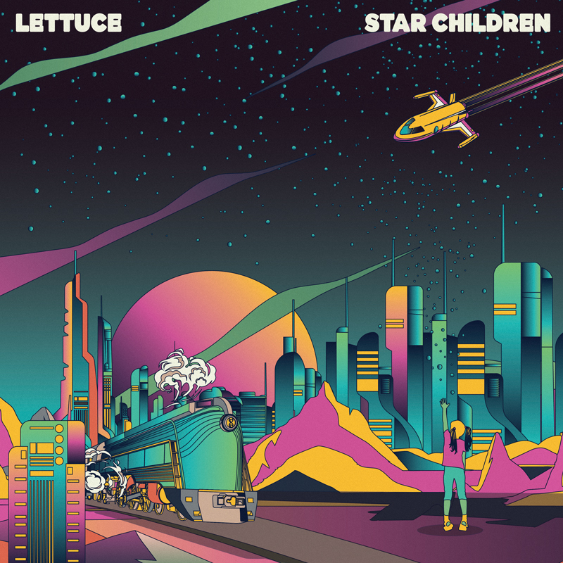 The cover for "Star Children" by Lettuce features a retro-futuristic design with a cosmic theme. It depicts a colorful, sci-fi cityscape under a starry night sky. A train emitting steam moves toward the foreground, while a lone figure waves to a spaceship soaring into the galaxy. The artwork is rich in neon hues, blending shades of purple, teal, orange, and pink.