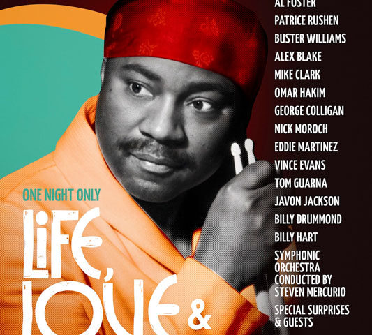 Life, Love, & Lenny event poster. A color photo of Lenny holding drum sticks.