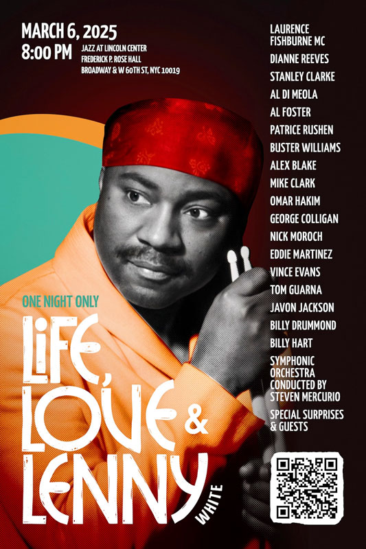 Life, Love, & Lenny event poster. A color photo of Lenny holding drum sticks.