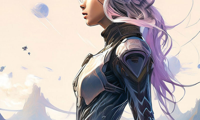 The album cover for Lifting Line Theory – Wonder features a futuristic illustration of a silver-haired woman in a high-tech, form-fitting suit. She stands in profile against a surreal, pastel-hued landscape with floating planets and sweeping alien terrain.