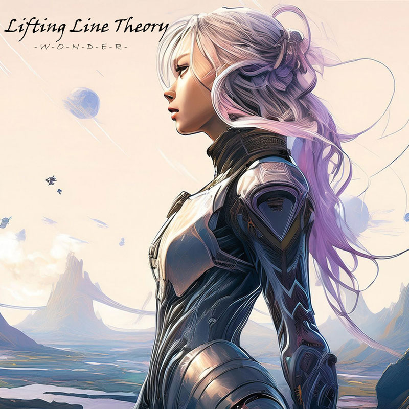 The album cover for Lifting Line Theory – Wonder features a futuristic illustration of a silver-haired woman in a high-tech, form-fitting suit. She stands in profile against a surreal, pastel-hued landscape with floating planets and sweeping alien terrain.