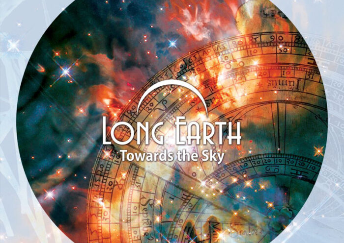 Long Earth – Towards the Sky cover artwork. A circle with images of star systems and astronomical symbols.