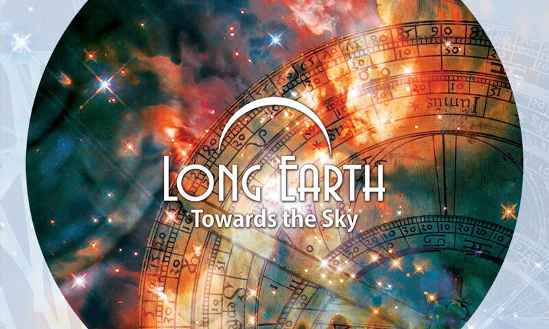 Long Earth – Towards the Sky cover artwork. A circle with images of star systems and astronomical symbols.