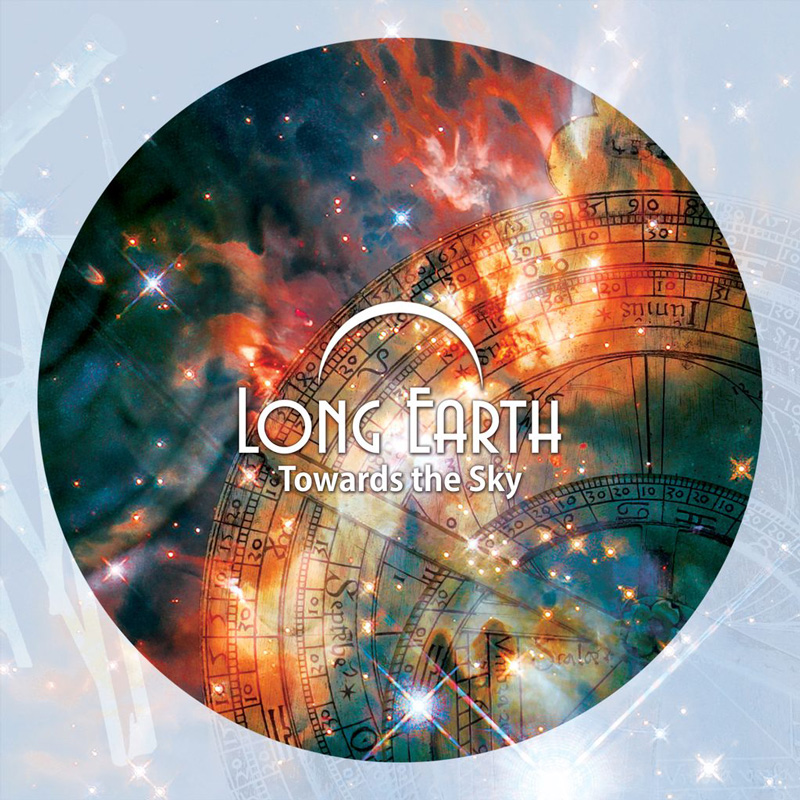 Long Earth – Towards the Sky cover artwork. A circle with images of star systems and astronomical symbols.