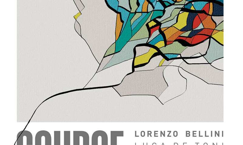 The album cover for Source features an abstract, colorful, and fragmented design resembling stained glass shapes outlined in black, set against a light textured background. The title “Source” appears in large bold gray letters at the bottom left, while the artists’ names: Lorenzo Bellini, Luca De Toni, Matteo Padoin, and Andrea Dionisi, are listed in smaller gray text to the right. The GleAM Records logo is positioned in the upper left corner.