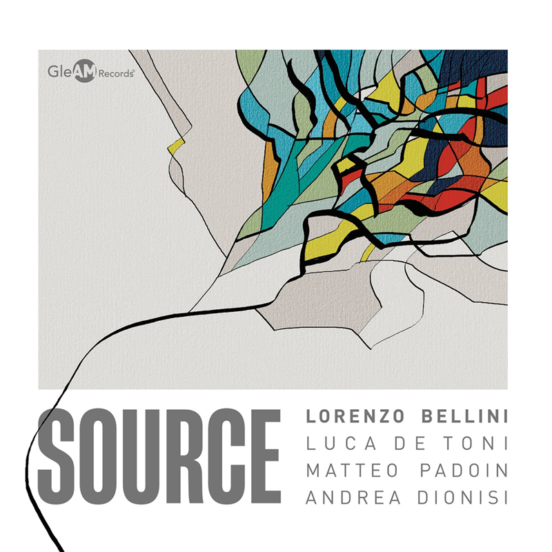The album cover for Source features an abstract, colorful, and fragmented design resembling stained glass shapes outlined in black, set against a light textured background. The title “Source” appears in large bold gray letters at the bottom left, while the artists’ names: Lorenzo Bellini, Luca De Toni, Matteo Padoin, and Andrea Dionisi, are listed in smaller gray text to the right. The GleAM Records logo is positioned in the upper left corner.