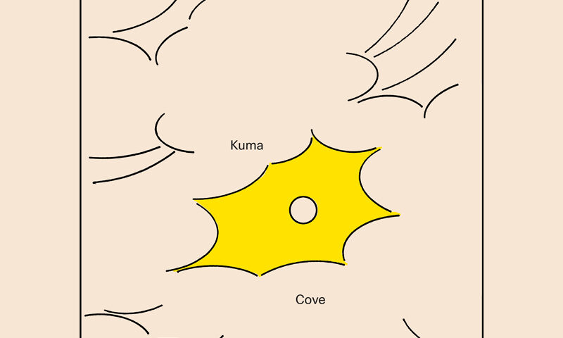 Luke Wyland - Kuma Cove cover artwork. a white background with various black lines and a star shaped yellow pattern in the middle.