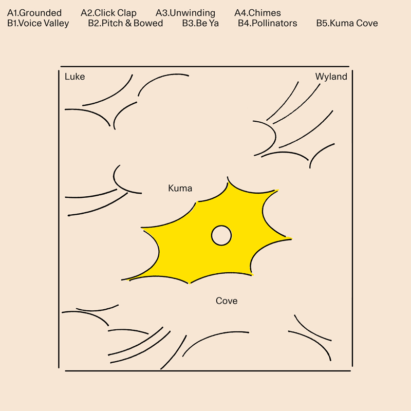 Luke Wyland - Kuma Cove cover artwork. a white background with various black lines and a star shaped yellow pattern in the middle.