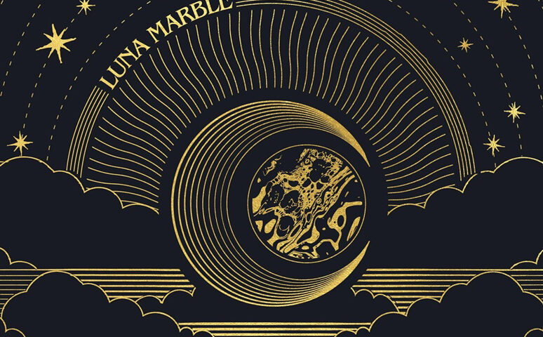A dark navy background carries intricate gold linework that frames a stylized moon at the center, its surface marbled with swirling patterns. Concentric arcs radiate outward, while star clusters arch across the top and layered clouds stretch across the bottom. The album title Luna Marble curving above the central moon.