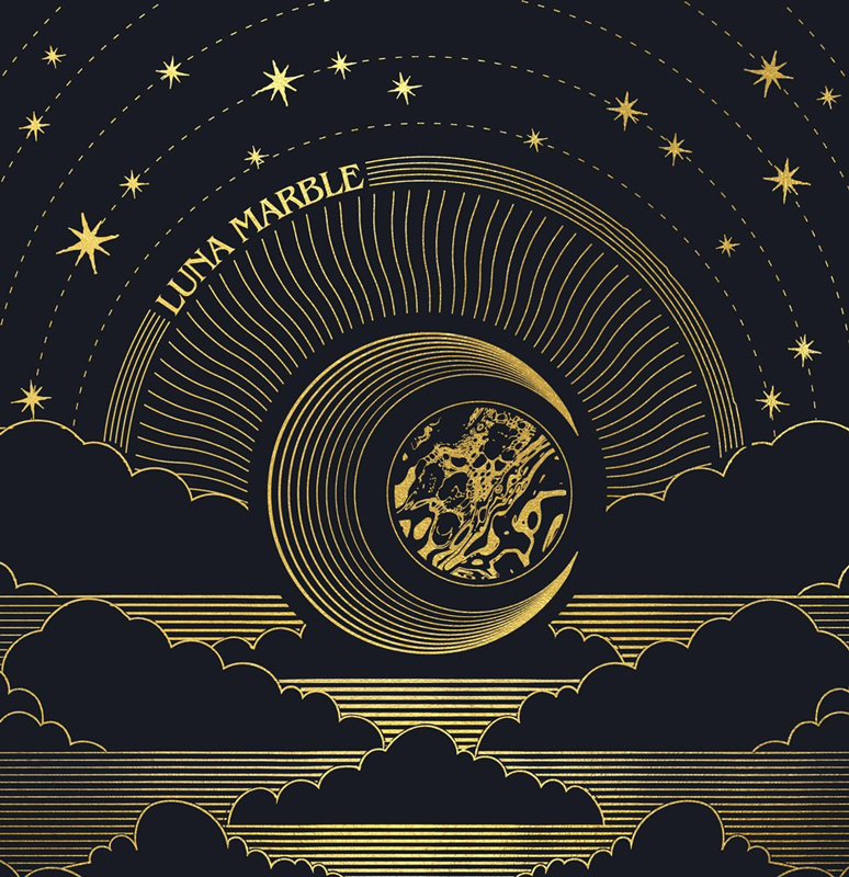 A dark navy background carries intricate gold linework that frames a stylized moon at the center, its surface marbled with swirling patterns. Concentric arcs radiate outward, while star clusters arch across the top and layered clouds stretch across the bottom. The album title Luna Marble curving above the central moon.