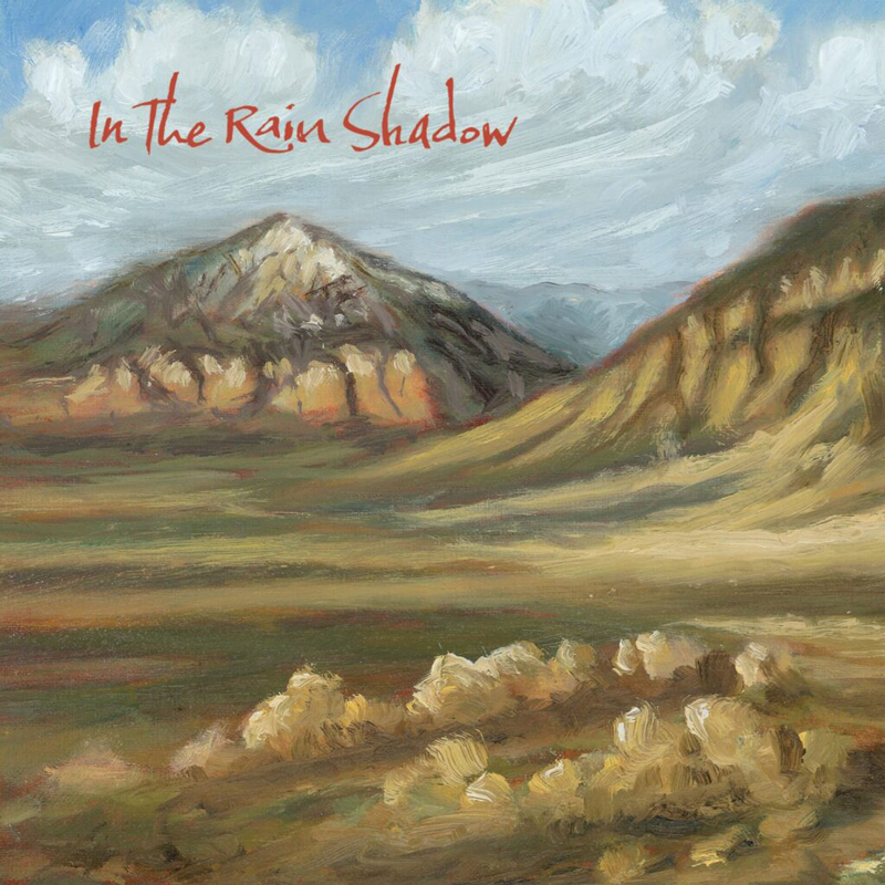 A soft, painterly landscape shows arid hills and brush under a swirling sky, with bold red lettering reading In The Rain Shadow.