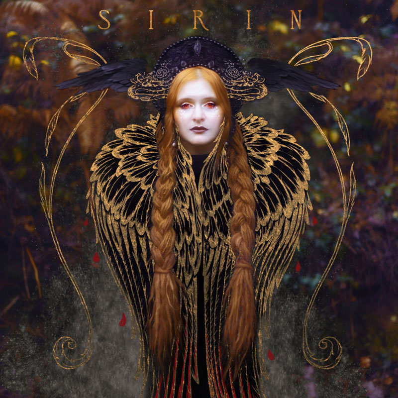 Marjana Semkina Sirin cover artwork. an image of the artist with red eyes, two long hair braids and a golden feather shawl.