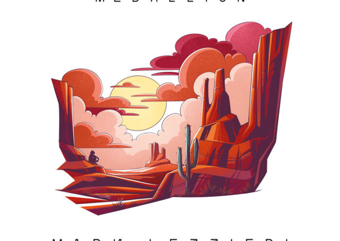 The single cover for Medallion by Mark Lettieri features a stylized desert landscape with towering red rock formations, a lone cactus, and a warm sunset casting a golden glow. The artwork blends a modern, graphic style with a touch of retro aesthetics, using bold colors—shades of red, orange. A lone figure sits on a rock. The typography is clean and minimalistic.