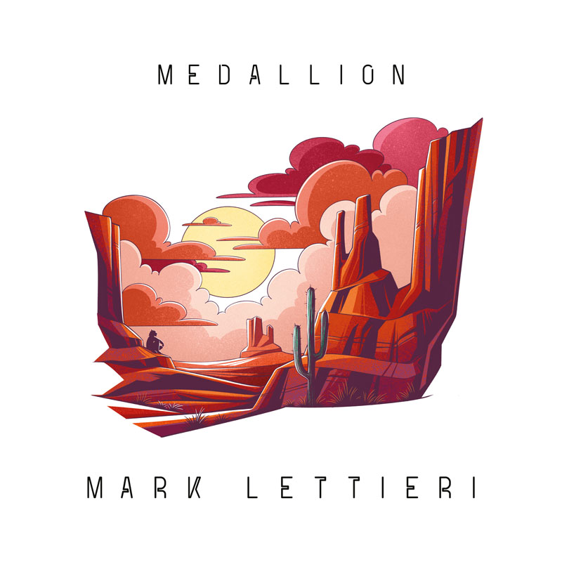 The single cover for Medallion by Mark Lettieri features a stylized desert landscape with towering red rock formations, a lone cactus, and a warm sunset casting a golden glow. The artwork blends a modern, graphic style with a touch of retro aesthetics, using bold colors—shades of red, orange. A lone figure sits on a rock. The typography is clean and minimalistic.