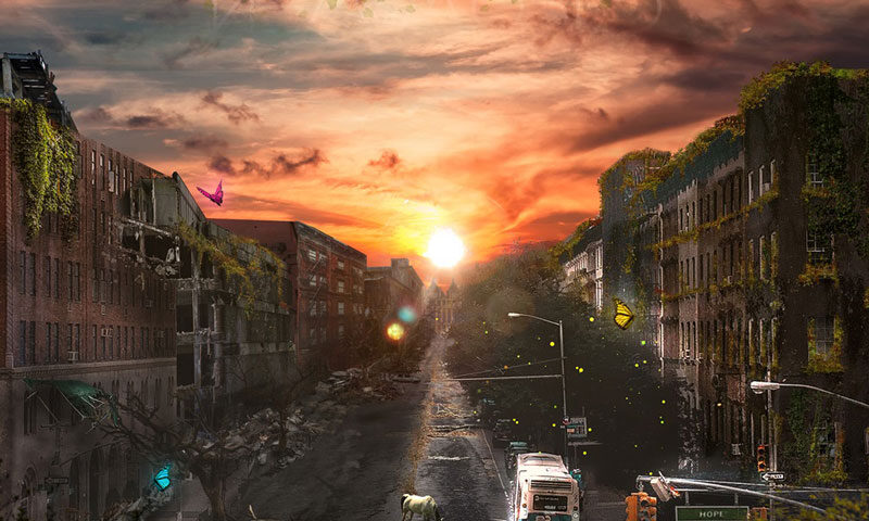 The album cover for Matias Bacoñsky's New World features a post-apocalyptic yet hopeful urban scene divided into two contrasting halves. On the left, decayed buildings and a collapsed environment. On the right, a greener and more vibrant side suggests renewal, with lush vegetation overtaking the structures and a brighter atmosphere. A glowing sunrise or sunset sits in the background. Subtle details like butterflies and a lone horse in the foreground. The title "New World" floats prominently.