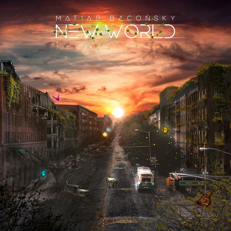 The album cover for Matias Bacoñsky's New World features a post-apocalyptic yet hopeful urban scene divided into two contrasting halves. On the left, decayed buildings and a collapsed environment. On the right, a greener and more vibrant side suggests renewal, with lush vegetation overtaking the structures and a brighter atmosphere. A glowing sunrise or sunset sits in the background. Subtle details like butterflies and a lone horse in the foreground. The title "New World" floats prominently.