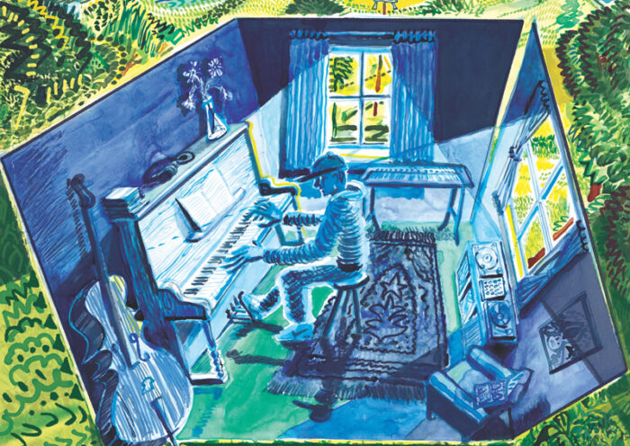 The album cover for Find a Way by Matt Wilde features an illustrated scene of a musician playing piano inside a small, blue-toned room that opens into a vivid green countryside. Sunlight streams through the windows. A cello rests nearby, and outside, two small figures stand in the distance beneath a bright sky.