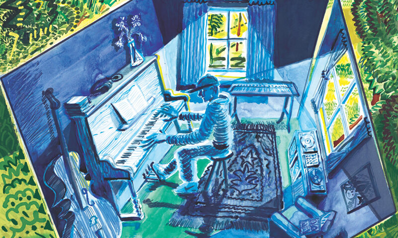 The album cover for Find a Way by Matt Wilde features an illustrated scene of a musician playing piano inside a small, blue-toned room that opens into a vivid green countryside. Sunlight streams through the windows. A cello rests nearby, and outside, two small figures stand in the distance beneath a bright sky.