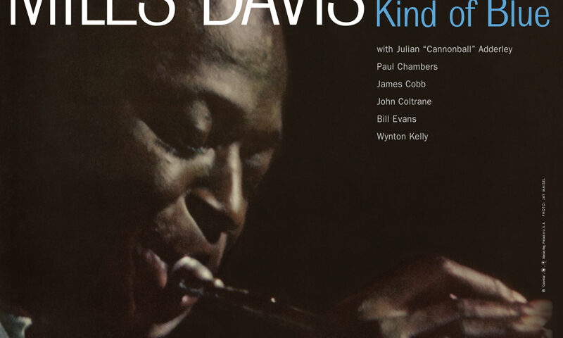 Miles Davis’ Kind Of Blue cover artwork. A photo of miles playing trumpet.