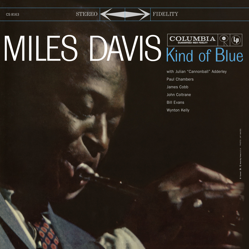 Miles Davis’ Kind Of Blue cover artwork. A photo of miles playing trumpet.