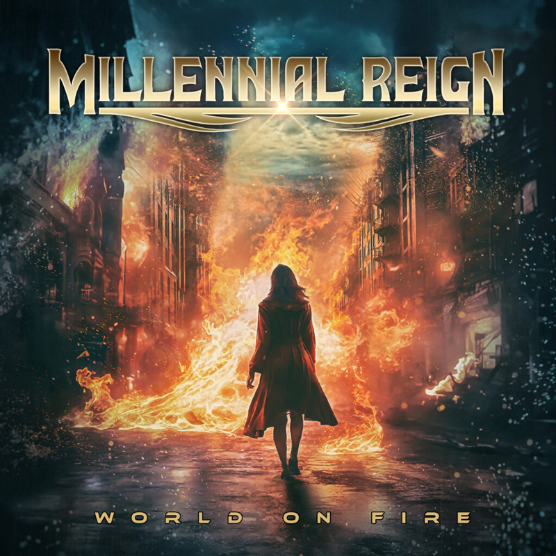 Millennial Reign – "World on Fire" cover artwork. A female figure standing by a burning pire.