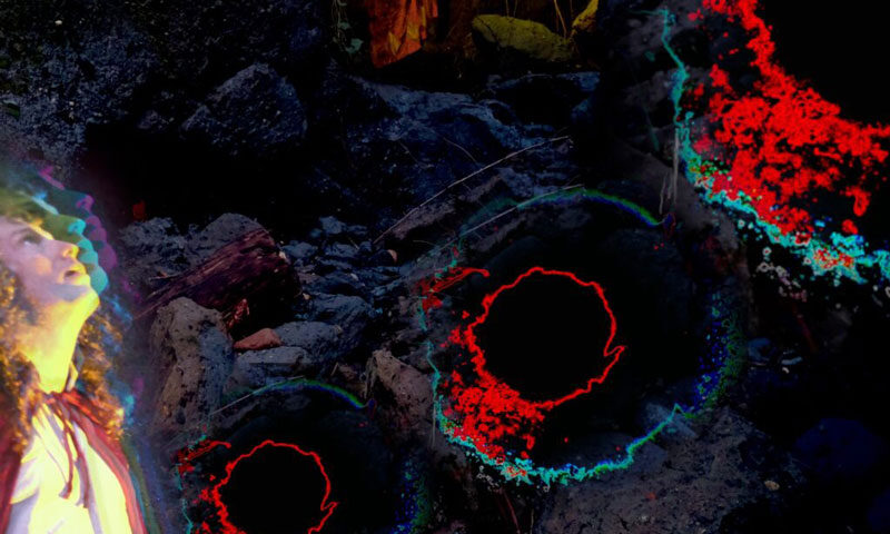 The album cover for Moon Letters – The Dark Earth depicts a a figure in a red cloak holds a lantern near the entrance of a shadowy cave, while another person below gazes upward in awe. Surrounding them, glowing red-and-cyan cosmic rings hover over jagged black rock.
